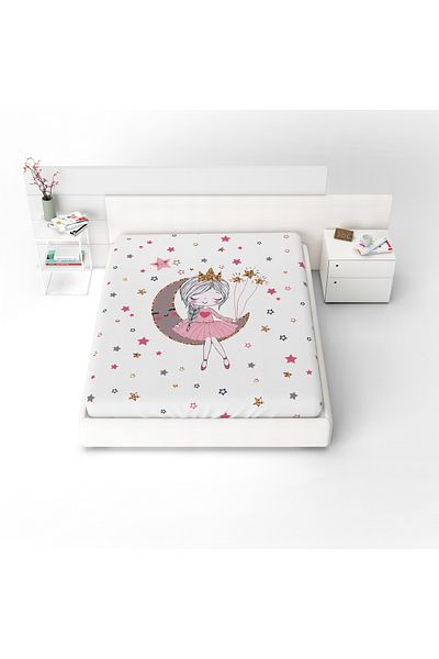 yok yok evim eve dair her şey Single Elastic Girl's Bed Sheet - Sitting on the Moon