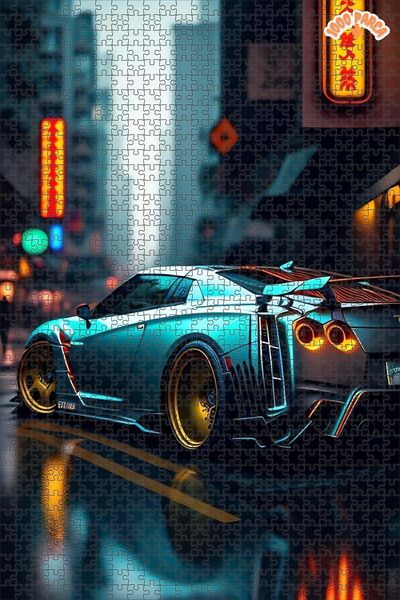 Teona Ahşap Gece Yarışçısı Neon Şehirde Dekoratif Çift Katlı Çerçeveli Asılab...