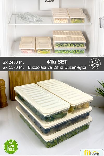 FİTHOME Refrigerator and Freezer Organizer Set of 4 Freeze Storage Container Airtight 2X2400Ml 2X1170Ml