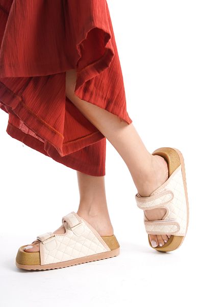 BAKGİY Women's Kelvin Quilted Slippers - Double Band, Velcro Thick Sole, BG1165-122-0002