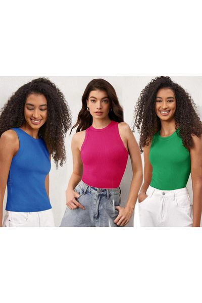 Actiwear Ribbed Halter Collar Knitted Tank Top - 3 Pack T-Shirt