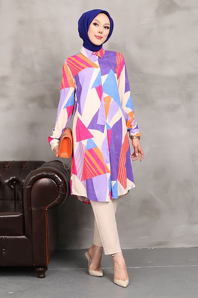 MODAQU Geometric Colored Viscose Tunic - Purple