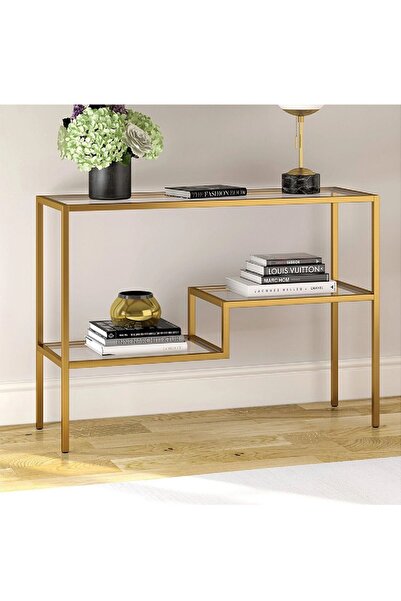 TOLIAHOME Modern Gold Renk Metal İskeletli Şeffaf Temper Camlı Raflı Dresuar Konsol