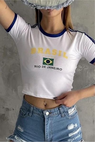 Touz Moda Λευκή Crop Μπλούζα - Brasil Printed και Piping