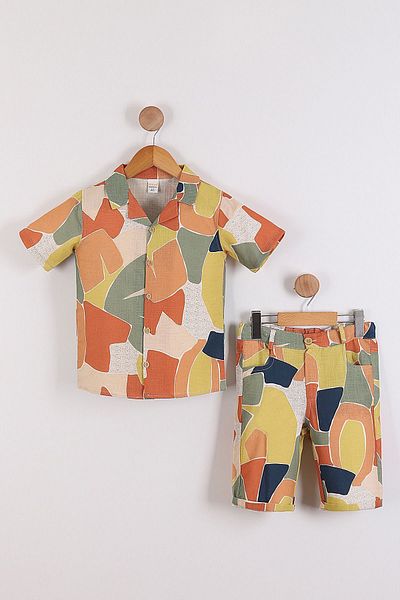 Pollito Linen Shirt and Shorts for Boy - Geometric Pattern, Multicolor 2-Piece Set