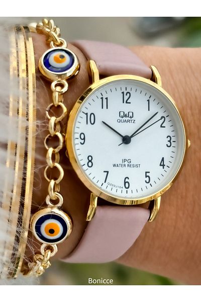 Q&Q Retro Brand - Women's Wristwatch Bracelet with Pink Leather Cord, Yellow Case and Numbers