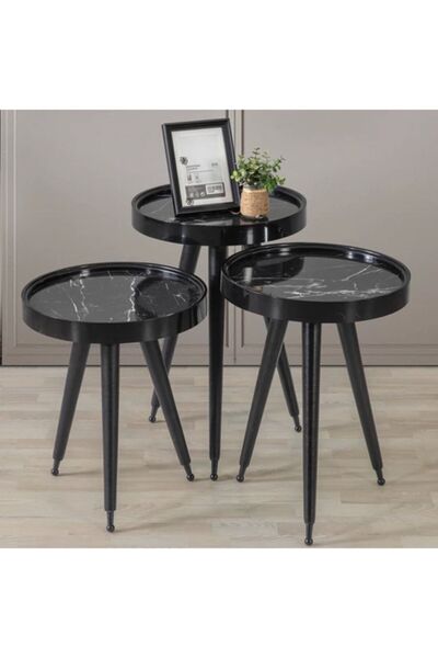 Genel Markalar Casalty Ahşap Yuvarlak 3'lü Zigon Sehpa Siyah Içi Siyah Mermer Polen Lüx Ayaklı