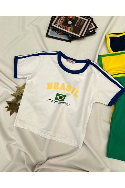 Touz Moda Λευκή Crop Μπλούζα - Brasil Printed και Piping