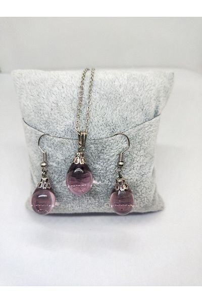 Atölye Şems Murano Glass Design Purple Drop Set Set Necklace and Earrings
