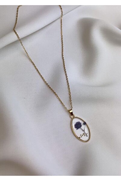 Okyanus Butik Çelik Gold Mor Çiçekli Epoksi Kolye
