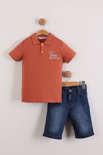 Pollito Boy's Polo Neck Enjoy Printed Tile T-Shirt Denim Shorts Set of 2