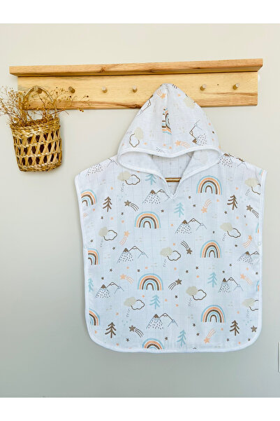 JUNİPERUS Organik %100 Pamuk Müslin Kapşonlu Plaj Çocuk Bebek Panço Bornoz Ba...