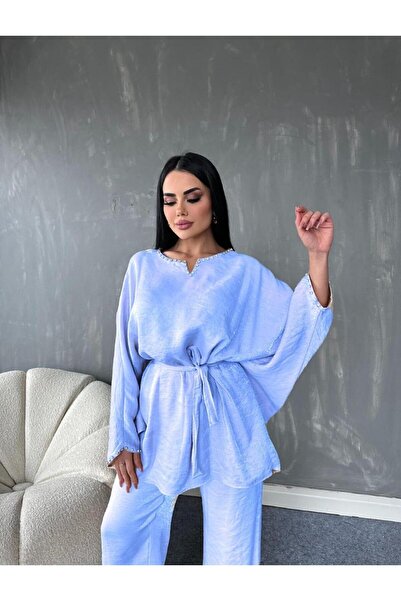 MAY MARA 2-Piece Collar and Stone Embroidered Tunic Trousers Set for Women