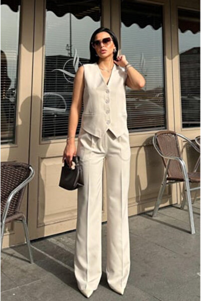 pembekurdelem Stone Colored Women's Classic Vest and Trousers Set