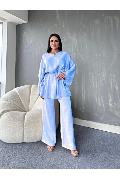 MAY MARA 2-Piece Collar and Stone Embroidered Tunic Trousers Set for Women