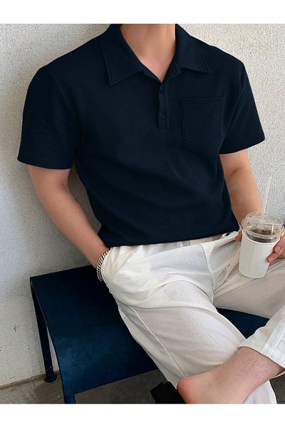 GENIUS STORE Men's Oversize Polo Neck Waffle T-Shirt POLOYAKA-BUTTONED