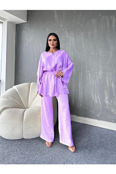 MAY MARA KADIN 2 Lİ YAKA  TAŞ İŞLEME DETAYLI  TUNİKLİ PANTOLONLU TAKIM