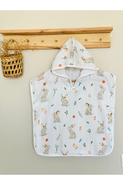 JUNİPERUS Organik %100 Pamuk Müslin Kapşonlu Plaj Çocuk Bebek Panço Bornoz Ba...