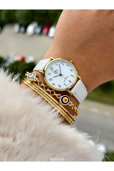 Q&Q Retro Brand White Leather Cord - Yellow Case, Numeral Women's Wristwatch Bracelet
