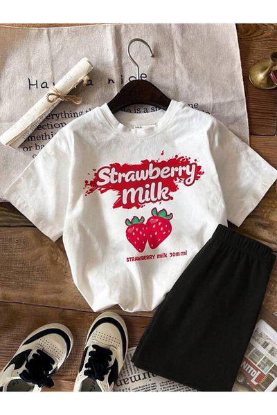 AMMA Kids STrawberry milk PrinTed WhiTe Black T-Shirt and Shorts 100% CoTTon 2-piece SeT