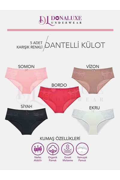 Donaluxe Pachet de 5 chiloți de damă din bumbac dantelat - somon roșu din nurcă albă și neagră