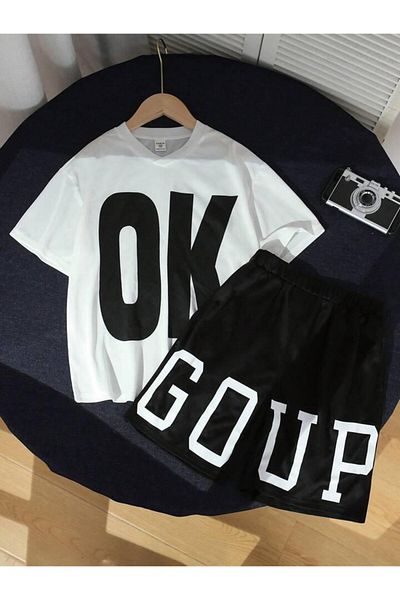 AMMA White Black 100% Cotton Kids T-Shirt and Shorts Set - OK GO UP Printed