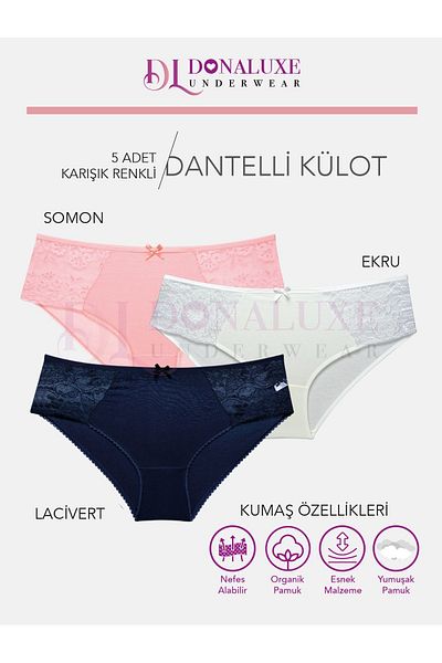 Donaluxe Σετ 5 Γυναικεία Σλιπ Σολομό Navy Blue White Lace Βαμβακερά