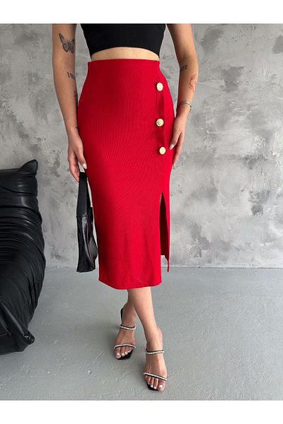 YUSUF CAN KARATAŞ KARATAŞ GİYİM Red Women's Midi Skirt - Button Detail, Ribbed Camisole Fabric, Seasonal with Slits
