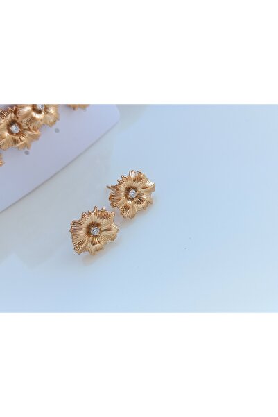 Tişt Accessory Xupıng Gold Minimal Vintage Zirkon Taşlı Çiçek Çelik Küpe