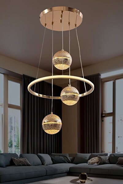 Sanctum Avize Nobel Gold 3'Lü Lüks Uzaktan Kumandalı Dimmerli 3 Renk Ledli Av...