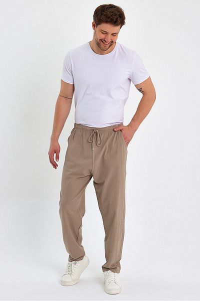 Dechers Large Size Thin Summer Elastic Waist Linen Look 100% Cotton Trousers