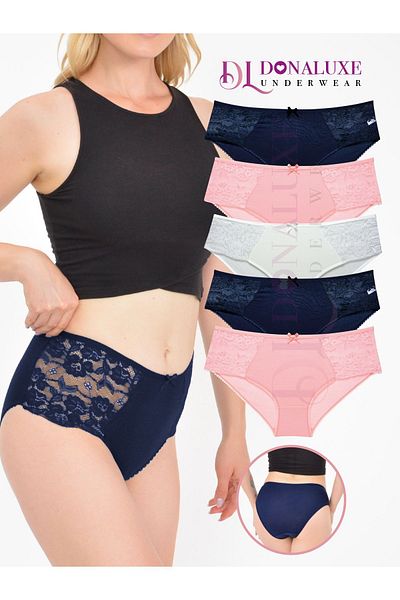 Donaluxe Σετ 5 Γυναικεία Σλιπ Σολομό Navy Blue White Lace Βαμβακερά