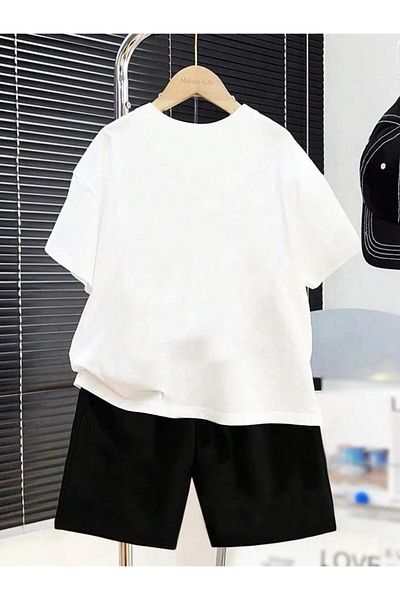 AMMA White and Black Teddy Printed Children's T-Shirt and Shorts 100% Cotton 2-Piece Set