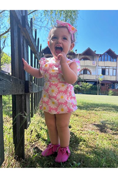 BAHNUR Bebek Pembe Çiçekli Romper Salopet Tulum Ve Bandana Seti Takımı