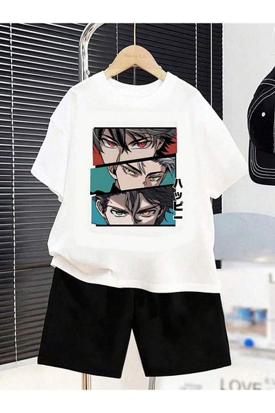 AMMA Set of 2 Anime Sukuna Printed 100% Cotton T-Shirt and Shorts - White and Black