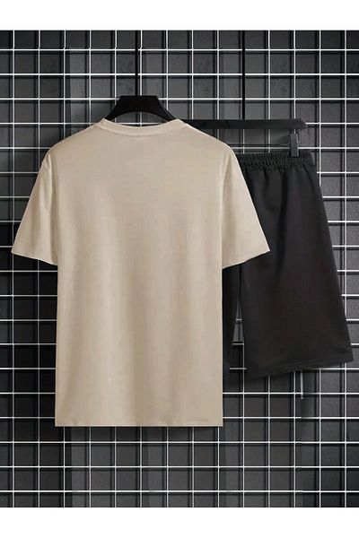 trendgar California Printed Beige Oversize T-Shirt and Shorts Set