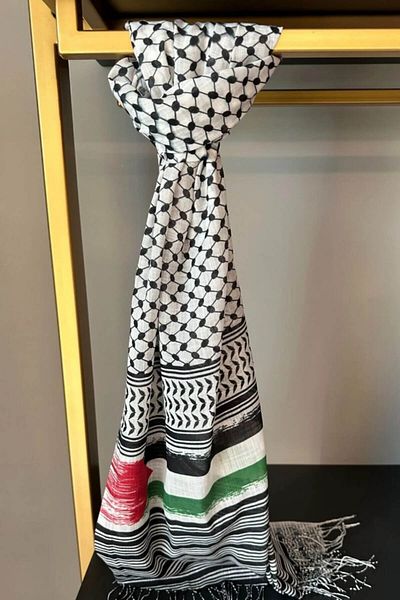 İSTANBULSTYLEMODA Pushi Patterned Long Fringed Palestine Pashmina Shawl - Multicolor FLR24315