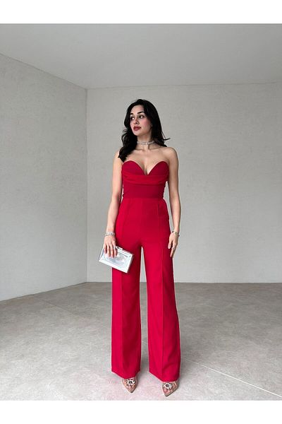 munora butik Heart Collar Strapless Red Jumpsuit