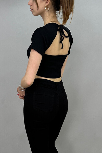 Tam Moda Kadın Sırt Dekolteli Siyah Crop Bluz