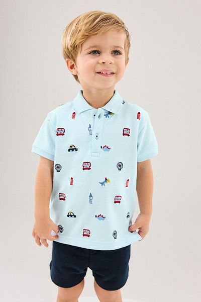 Next Baby Blue Polo Neck Short Sleeve 100% Cotton Shorts Set