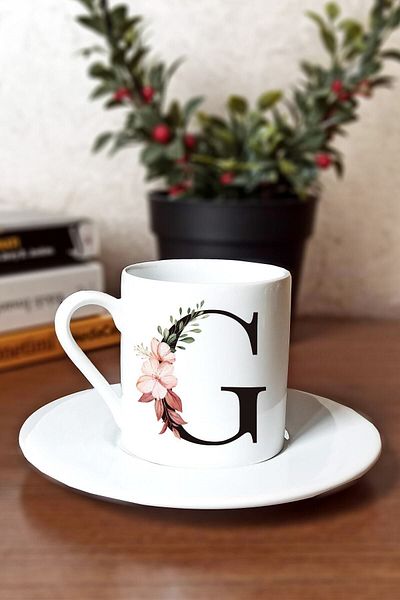 SporSen Caddemart | Floral Printed Porcelain Turkish Coffee Cup with Letter G