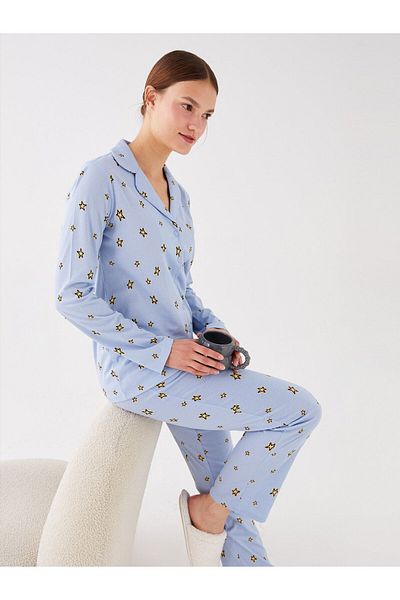 LC Waikiki Set de pijamale de damă cu mânecă lungă, cu model, cu guler de cămașă