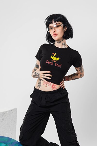 Sokak Butik Duck You! Baskılı Siyah Crop Top