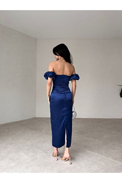 munora butik Satin Navy Blue Midi Dress with Sleeve Detail