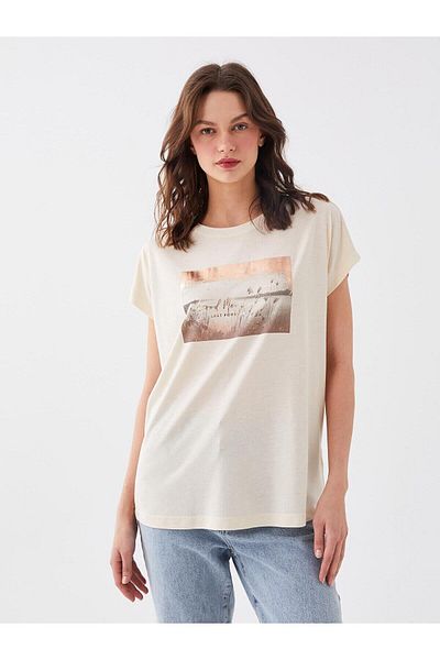 LC Waikiki Γυναικείο μπλουζάκι LCW Vision Oversize - Crew Neck, εμπριμέ, κοντό μανίκι