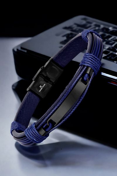 Daniel Klein Navy Blue Men's Bracelet - Genuine Leather, Stainless Steel Detail, Clip Buckle DKEBLK2004C4