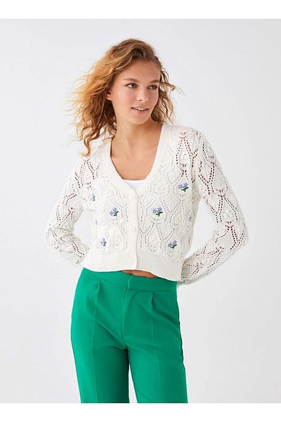 LC Waikiki V-Neck Embroidered Long Sleeve Women's Knitwear Cardigan