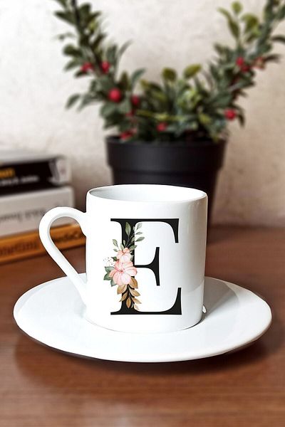 SporSen Caddemart | Floral Printed Porcelain Turkish Coffee Cup with Letter E