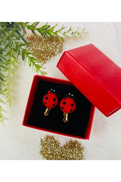 1PARÇAMAVİ Ladybug children's earrings with screw clips - compression earrings - no piercing earrings