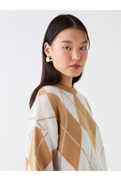 LC Waikiki Crew Neck Patterned Long Sleeve Oversize Women's Knitwear Sweater